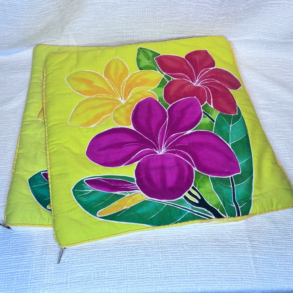 Yellow Bright Floral 16” Quilted Cushion Pillow Covers - Tropical Plumeria Print
